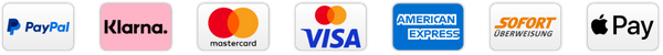 PayPal, Klarna, Mastercard, VISA, American Express, SOFORT, Apple Pay